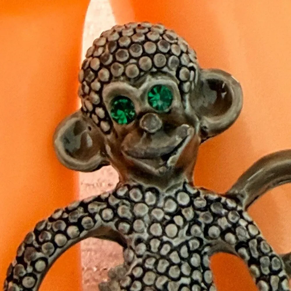 Vintage Gerry's Monkey Brooch Green Rhinestone Eyes Silver Tone Animal Pin